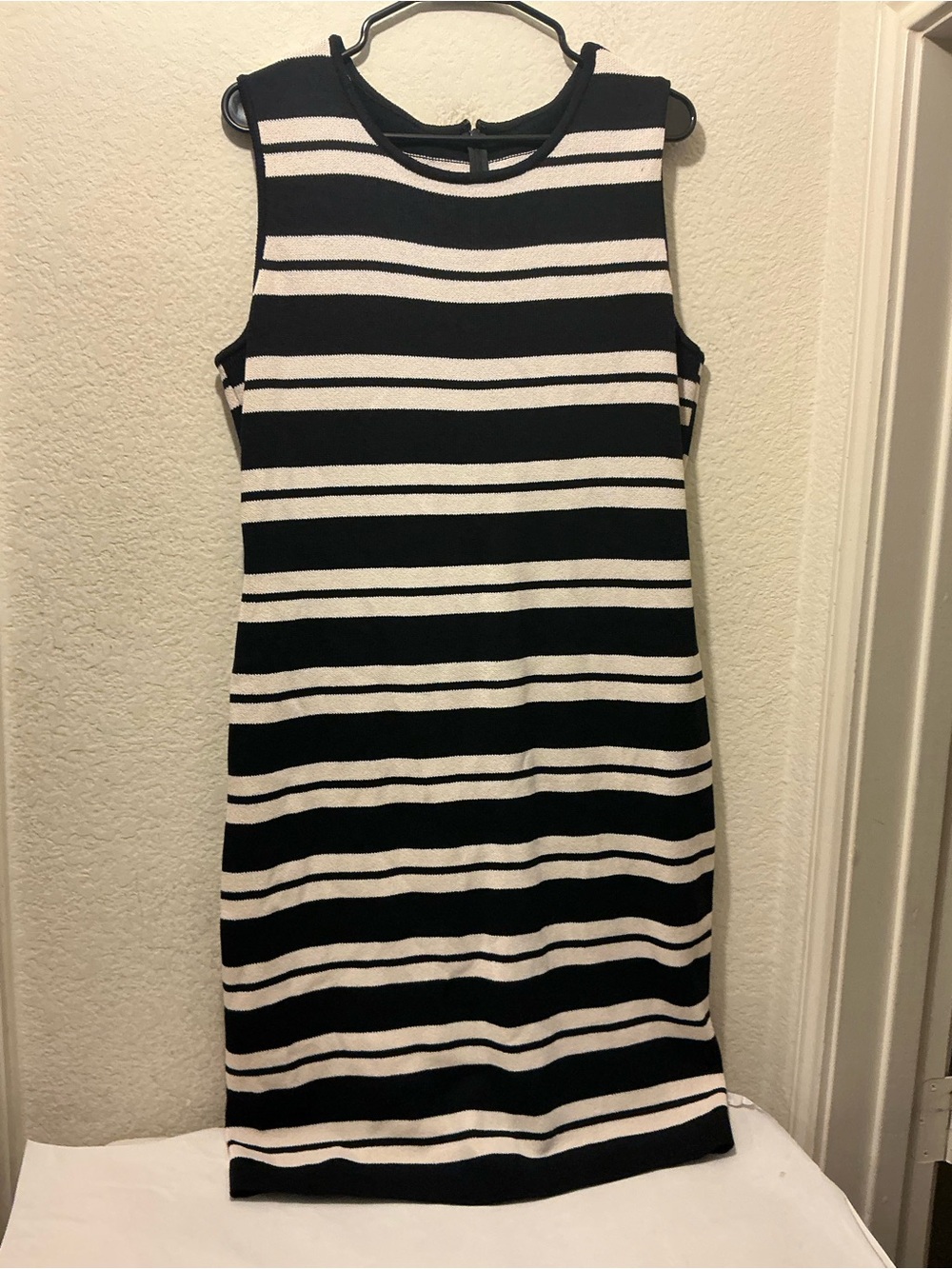 St. John Black and White Striped Sleeveless Sheath Dress
